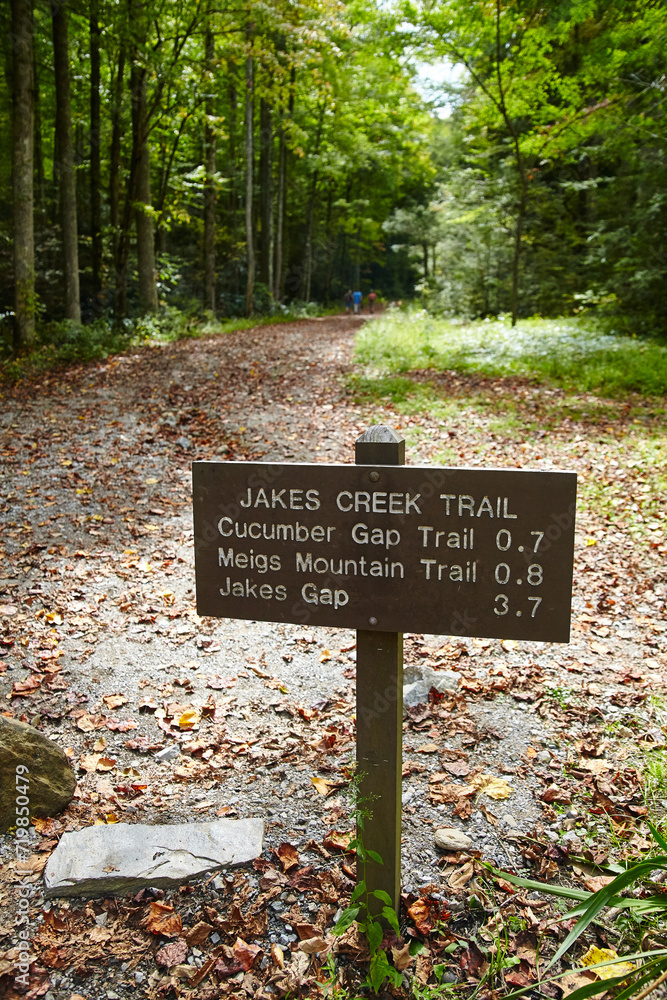 Jakes Creek Trail Sign with Autumn Forest Path in Smoky Mountains