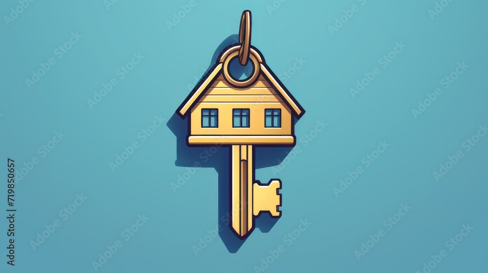 House illustration design with key, real estate property business company, key chain icon. - obrazy, fototapety, plakaty 