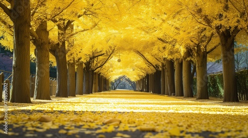 tunnel of gingko trees with yellow flowers