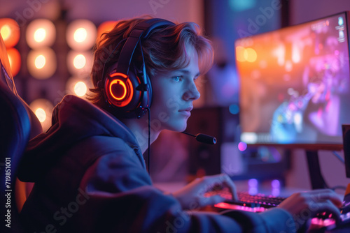 Concentrated Young Gamer Playing at Night