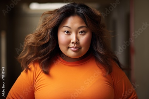 A chubby Asian woman with orange crew neck long sweater, 