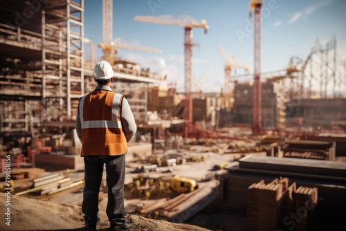 A civil engineer standing and looking at construction site. 