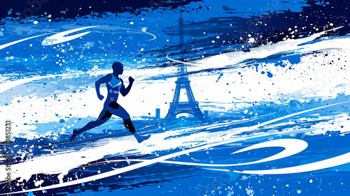 simple line art minimalist collage illustration with professional track and field athlete and Eiffel Tower in the background, olympic games, wide lens © Дмитрий Симаков