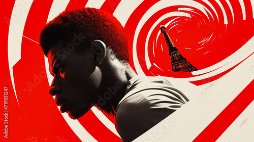 simple line art minimalist collage illustration with professional track and field athlete and Eiffel Tower in the background, olympic games, wide lens