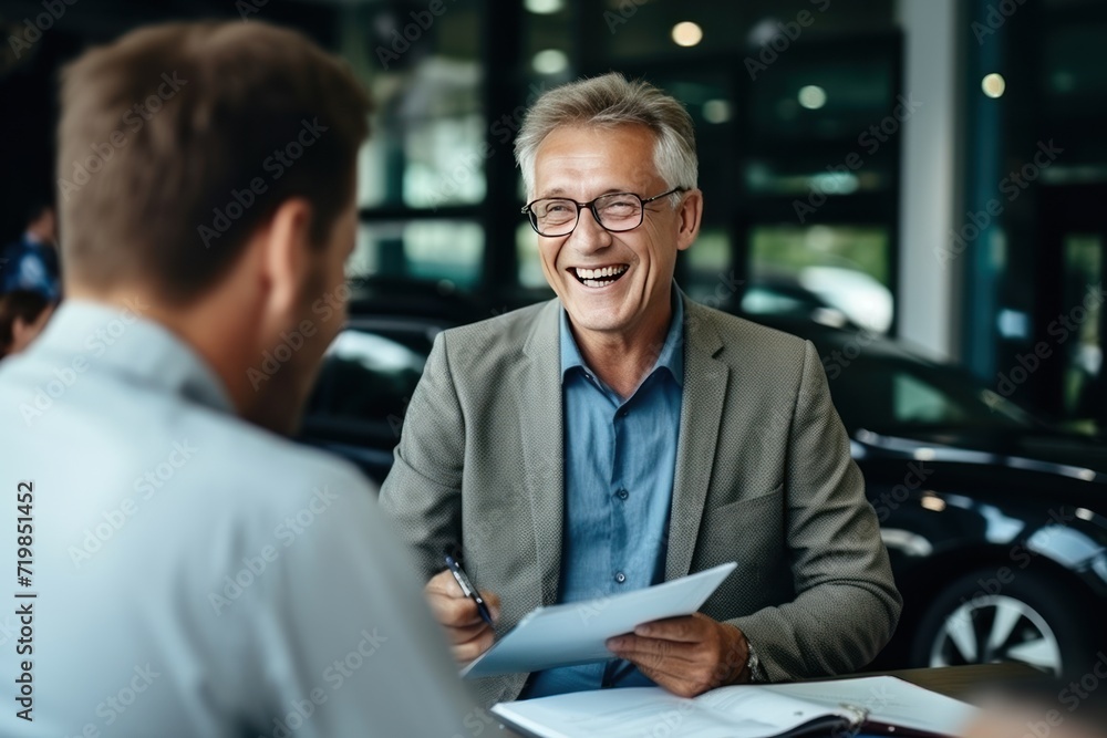 Adult smiling man customer buyer client wearing shirt talking with salesman Adult smiling man customer buyer client wearing shirt talking with salesman