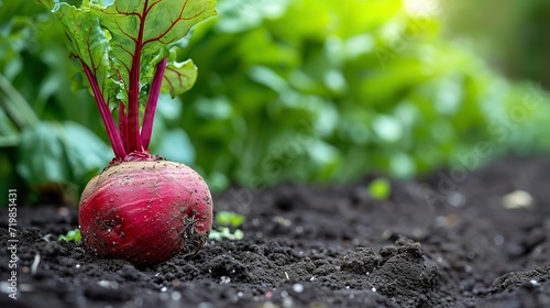 An up close view of a beetroot on the earth in a vegetable garden, space, Generative AI.