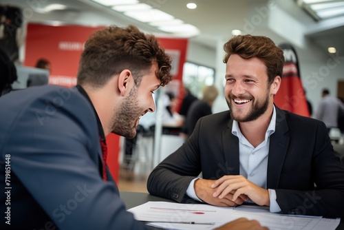 Adult smiling man customer buyer client wearing shirt talking with salesman  photo