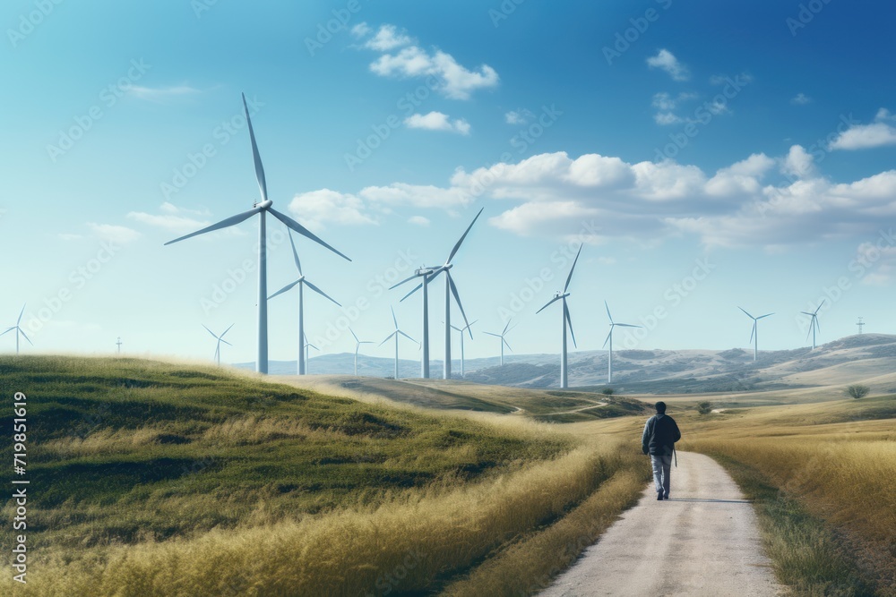 Obraz premium An engineer is walking, around the road at a wind farm