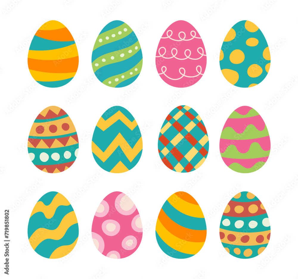 Set of easter eggs flat design on white background. Happy easter decorative elements.