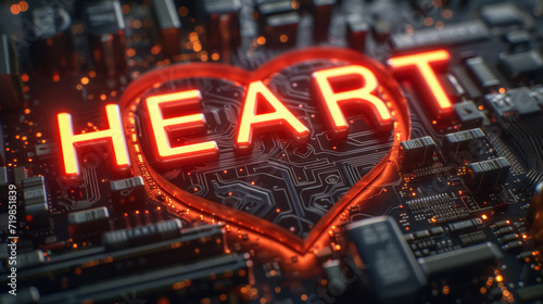On top of a sophisticated chip, there is a hologram consisting of 5 letters "HEART", Unreal Engine rendering, depth of field effect, 3D
