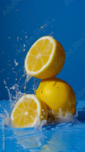 Food shot, super wide Angle, lemon juice waterfall splash, liquid explosion, 2-3 delicate lemon , against a bright blue sky background, surreal style, fresh fruit color, focus on lemon , realistic, ul
