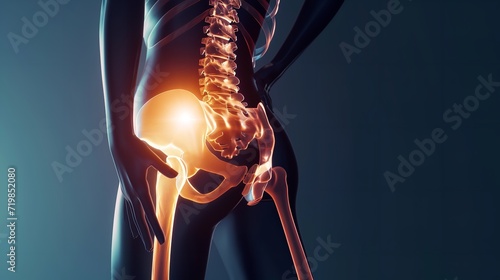 An x-ray of a human hip joint on a gray backdrop, the color yellow draws attention to painful hip joints with copy space, Generative AI. photo