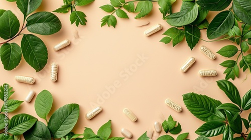 Ashwagandha leafy greens and pill, capsule combination on a beige backdrop, space, Generative AI.