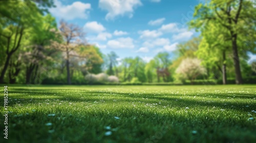 Beautiful blurred background image of spring nature with a neatly trimmed lawn surrounded by trees against a blue sky with clouds on a bright sunny day. copy space - generative ai photo