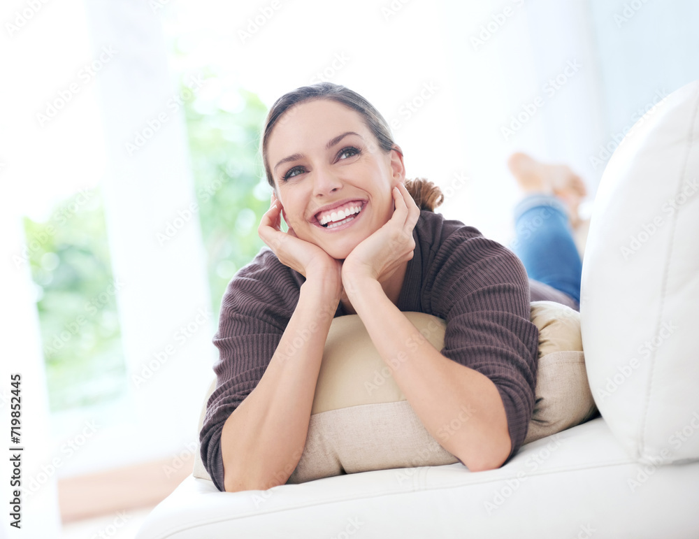 Thinking, sofa and woman with smile in home for nostalgia, wondering and remember in living room. Happy, daydreaming and person relax on couch with thoughtful, contemplating and happiness in house Thinking, sofa and woman with smile in home for nostalgia, wondering and remember in living room. Happy, daydreaming and person relax on couch with thoughtful, contemplating and happiness in house