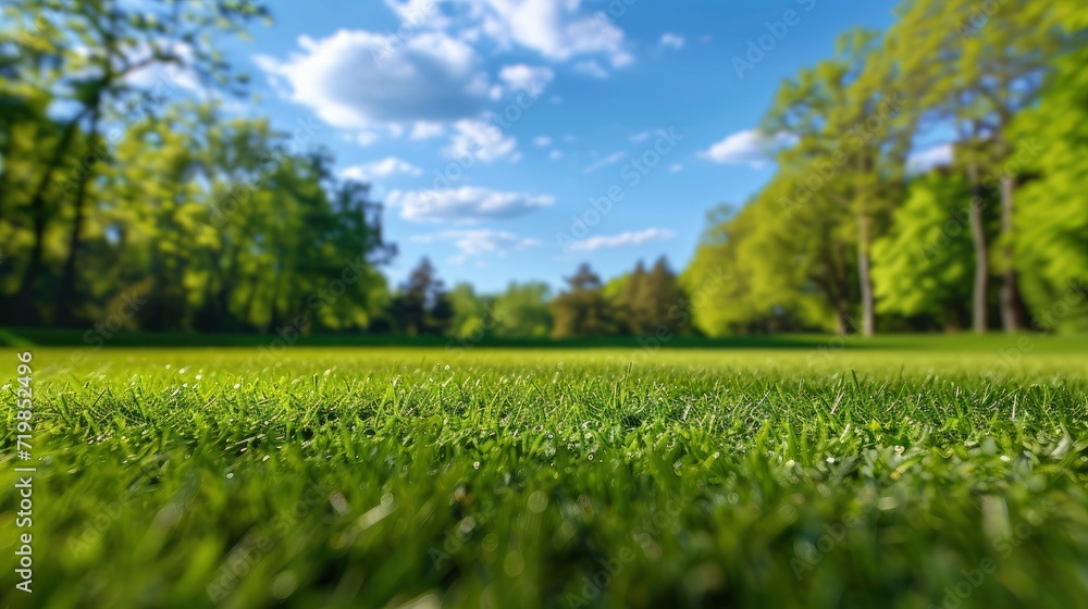 Beautiful blurred background image of spring nature with a neatly trimmed lawn surrounded by trees against a blue sky with clouds on a bright sunny day. copy space - generative ai