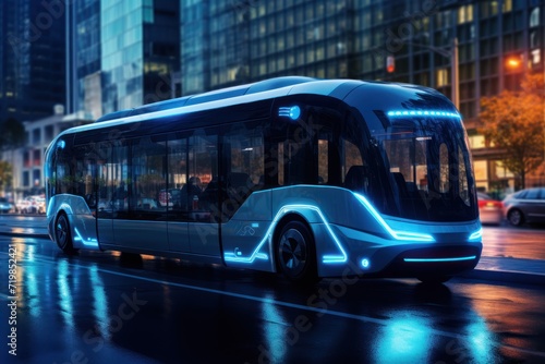 futuristic travel concept,autonomous AI-driven bus on city street with blue lights 