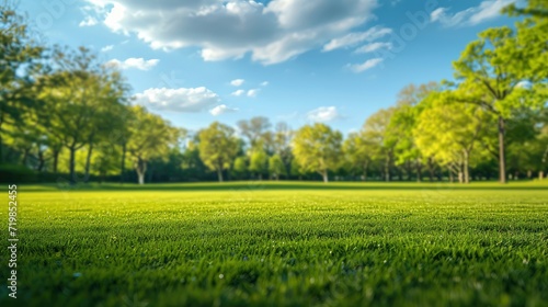 Beautiful blurred background image of spring nature with a neatly trimmed lawn surrounded by trees against a blue sky with clouds on a bright sunny day. copy space - generative ai #719852455