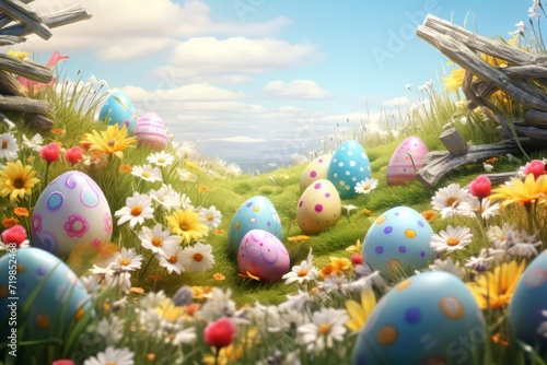 Easter Background. Easter bunny with easter eggs. Happy easter. Colorful Easter eggs decorated with flowers in the grass on blue sky background.