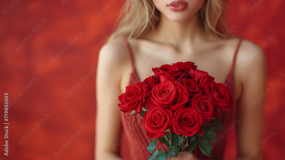 Young woman hands holding bouquet red roses with lights in background, romantic and charm atmosphere background. Valentine concept. Young woman hands holding bouquet red roses with lights in background, romantic and charm atmosphere background. Valentine concept.
