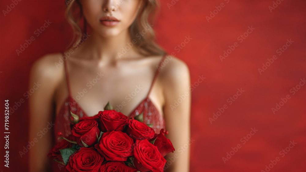 Young woman hands holding bouquet red roses with lights in background, romantic and charm atmosphere background. Valentine concept. Young woman hands holding bouquet red roses with lights in background, romantic and charm atmosphere background. Valentine concept.