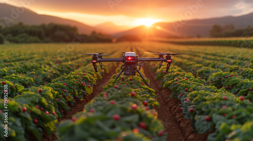 Agricultural Drone Over Farm Field at Sunset, Precision Farming Technology photo