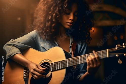 Vintage Vibes: African American Woman Playing a Worn Acoustic Guitar in Nostalgic Hues, Horizontal Photography Format 3:2