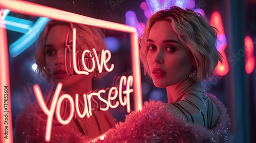 Beautiful blonde woman looking herself in mirror with love yourself written on it, Generative AI. photo