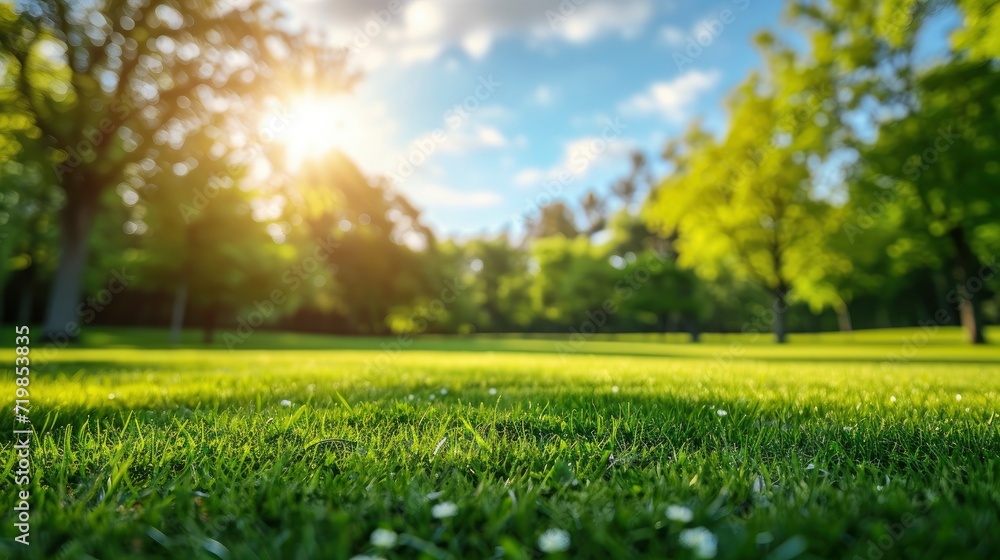 Beautiful blurred background image of spring nature with a neatly trimmed lawn surrounded by trees against a blue sky with clouds on a bright sunny day. copy space - generative ai