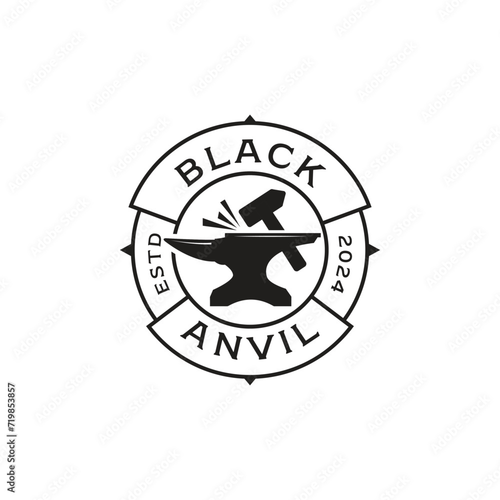 Vintage Rustic Grunge Anvil Blacksmith and Hammer With Mountain Peak Simple Line art Logo design Inspiration