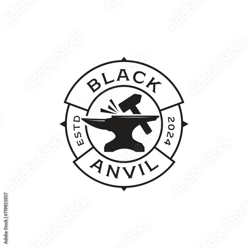 Vintage Rustic Grunge Anvil Blacksmith and Hammer With Mountain Peak Simple Line art Logo design Inspiration