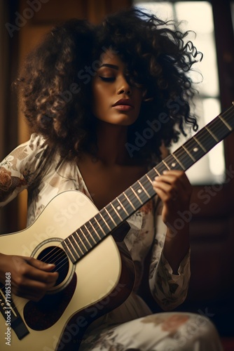 Vintage Portrait of an African American Young Woman Playing a Worn Acoustic Guitar in Nostalgic Hues, Vertical Photography Format 2:3