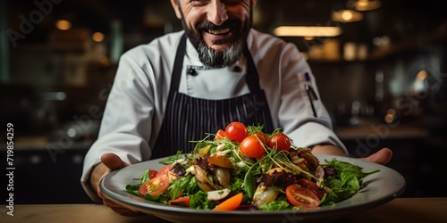 Proud chef presenting a fresh salad with a smile. gourmet dish in a cozy restaurant setting. healthy eating. AI