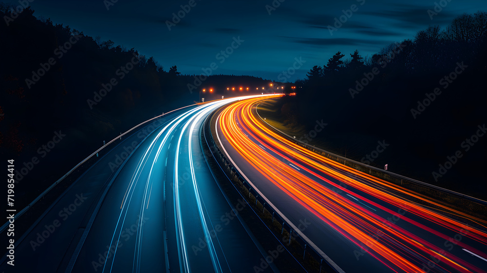 Night long exposure photo of a highway. A long exposure photo of a highway at night. Generative AI