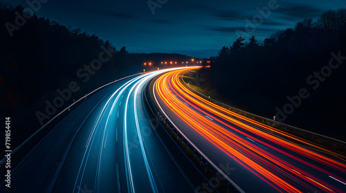 Night long exposure photo of a highway. A long exposure photo of a highway at night. Generative AI