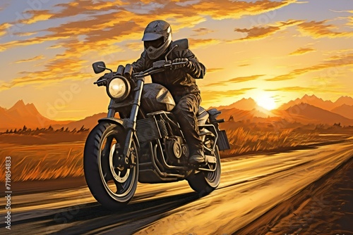 Motorcycle rider on the road at sunset © Soul