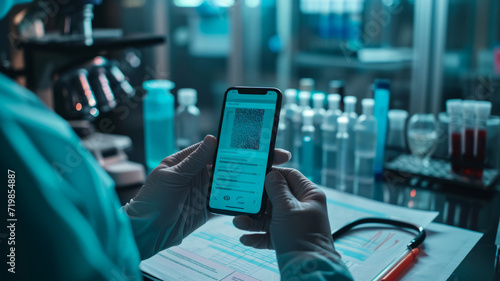 A phone screen displaying a QR code for medical test results of drugs, viruses, and bacteria, accessible through a laboratory app. It includes healthcare information like monkeypox and provides online