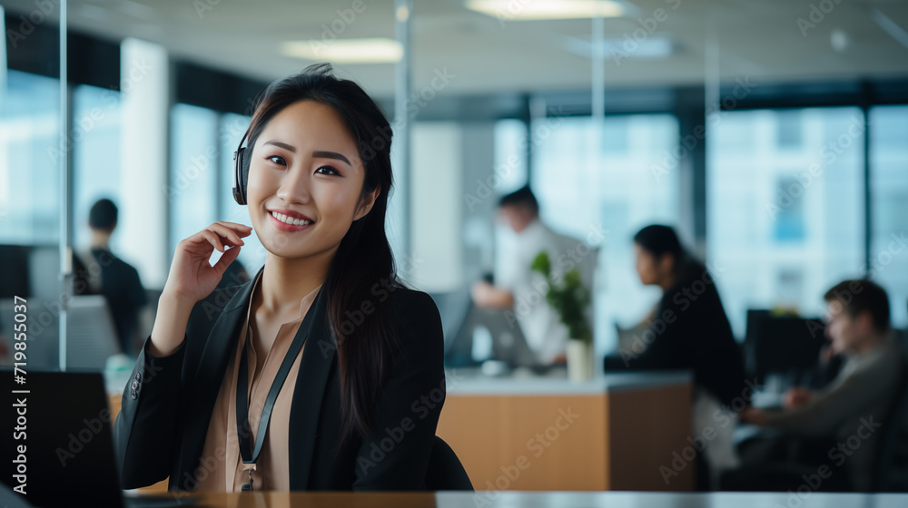 a moment of dynamic communication as a young Asian businesswoman smiles and talks on a mobile phone in the office a moment of dynamic communication as a young Asian businesswoman smiles and talks on a mobile phone in the office