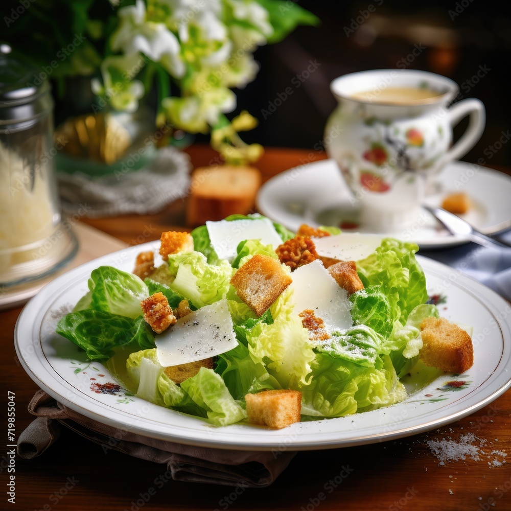 Classic Caesar salad with fresh lettuce, croutons, chicken, cheese, croutons and dressing on white plate,close-up, space for text Classic Caesar salad with fresh lettuce, croutons, chicken, cheese, croutons and dressing on white plate,close-up, space for text