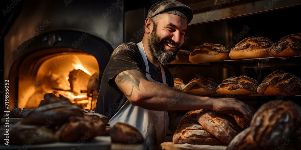 Joyful baker presenting fresh bread in rustic bakery. artisanal bread making, traditional bakehouse scene. warm, inviting atmosphere with a hint of nostalgia. perfect for culinary themes. AI