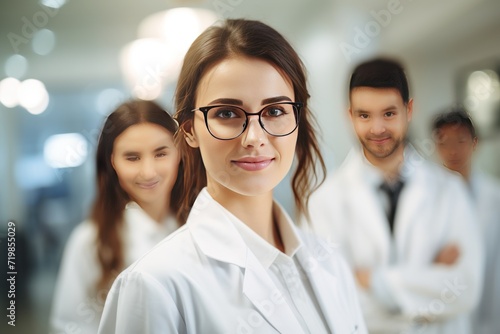 Beautiful young woman scientist wearing white coat and glasses in modern Medical Science Laboratory 