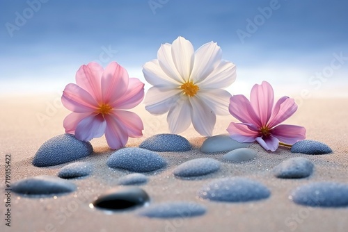 Spa stones with flowers on sand and blue sky background, Zen concept