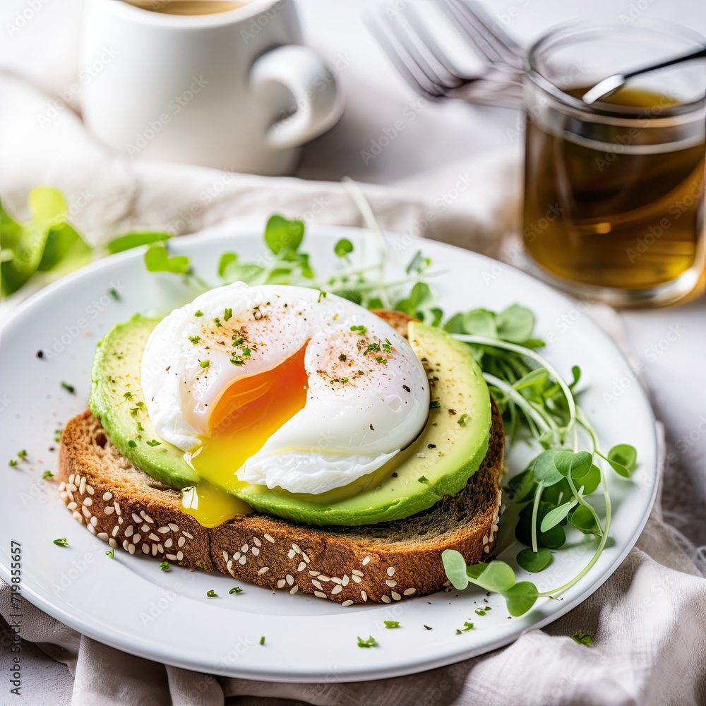 Healthy sandwich with whole grain toast with avocado and poached egg on white plate, close-up, space for text Healthy sandwich with whole grain toast with avocado and poached egg on white plate, close-up, space for text