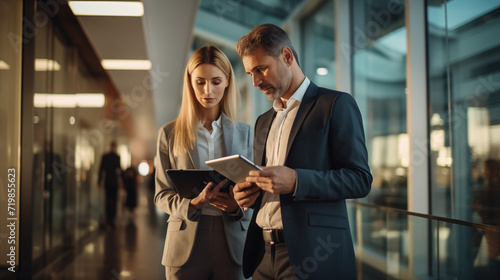 a serious female administrative manager walks in an office with a digital tablet