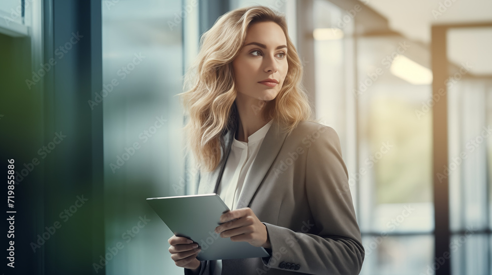 management as a serious female administrative manager walks in an office with a digital tablet management as a serious female administrative manager walks in an office with a digital tablet