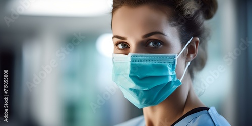 Confident healthcare professional in scrubs with face mask. female medical worker portrait. hospital staff, health safety. AI