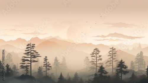 View of a pine forest in a foggy morning. Natural coolness with cloudy skies. Green spruce trees background wallpaper.