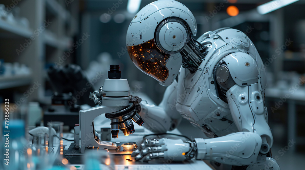 Fototapeta premium Robotic Scientist Using Microscope, AI in Laboratory Research, High-Tech Science