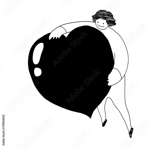 大きなハートを抱えている人の線画イラスト　白黒