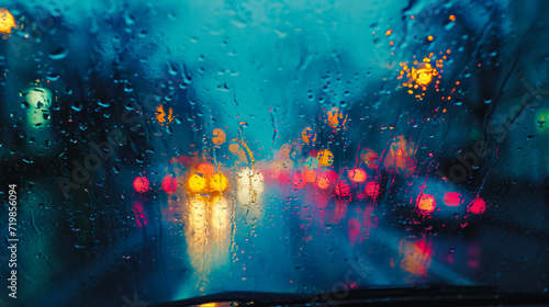 Raindrops race down a car window  distorting the cityscape into a colorful  abstract painting  merging the melancholy of rain with the vibrant hues of urban life